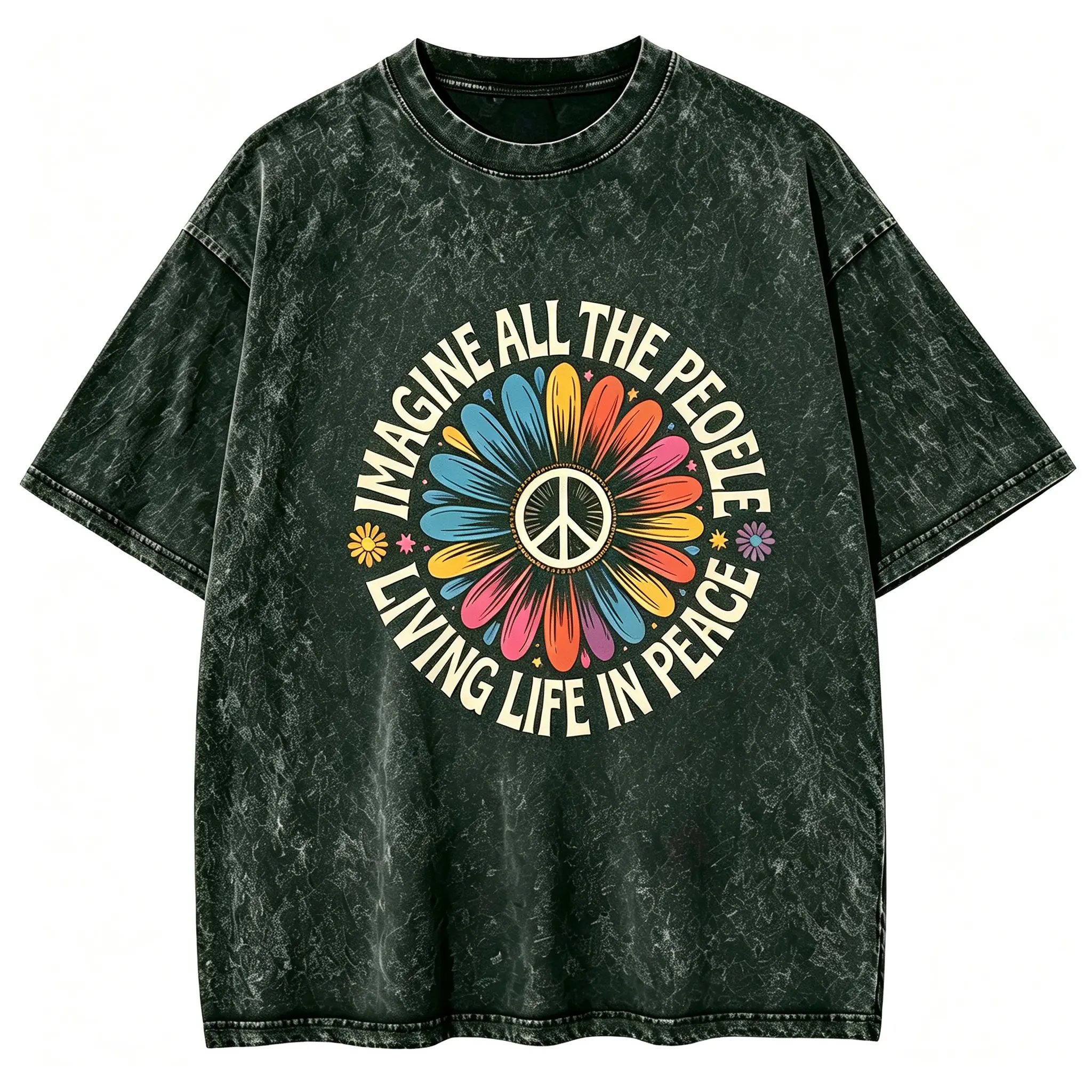 Imagine Peace T-Shirt | "Imagine All the People Living Life in Peace" | Floral Daisy Peace Sign Tee | Hippie Boho Graphic Shirt