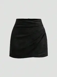 Suede Ruched Bodycon Short Skirt, High Waist Irregular Design, Slimming Leg Lengthening, Daily Wear Date Night