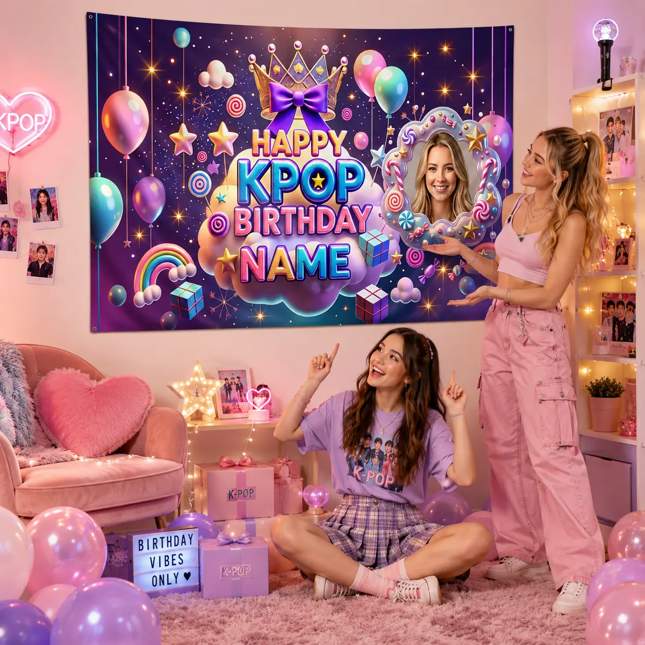 Custom Colorful Feminine Synthetic Birthday Decorations Backdrop Tapestry - Lightweight, Personalized Print Name Music Idol Theme, Hanging Cloth Banner, Balloon Decor for Girls' Home Party Stage Wall Decor (Festive & Party Supplies)