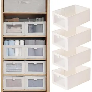 Pradnel Linen Closet Organizers And Storage, 4 Pack Storage Bins Baskets for Organization Foldable Organizer with Clear Window Organizing Clothing, Jeans, Shelves