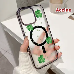 Magnetic Phone Case for iPhone 16 Pro Max 15 Plus 14 13 12 11 XR XS E St. Patrick’s Day Lucky Clover Pattern Supports Wireless ChargingShockproof Durable ultra-thin Crystal Transparent Protective Cover