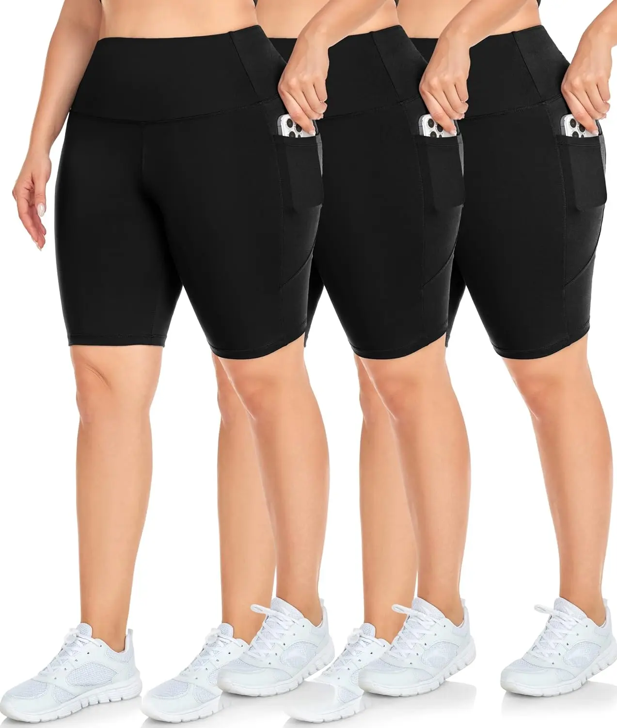 Plus Size Sporty Biker Shorts, 3-Pack High-Waisted Design with Pockets for Gym & Outdoor Workouts, Active Athletic, Outdoor Fitness, Female
