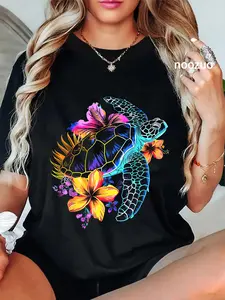 100% Cotton Unisex Sea Turtle Hawaiian Flowers Hawaii Scuba Diving Diver T-Shirt Casual Top