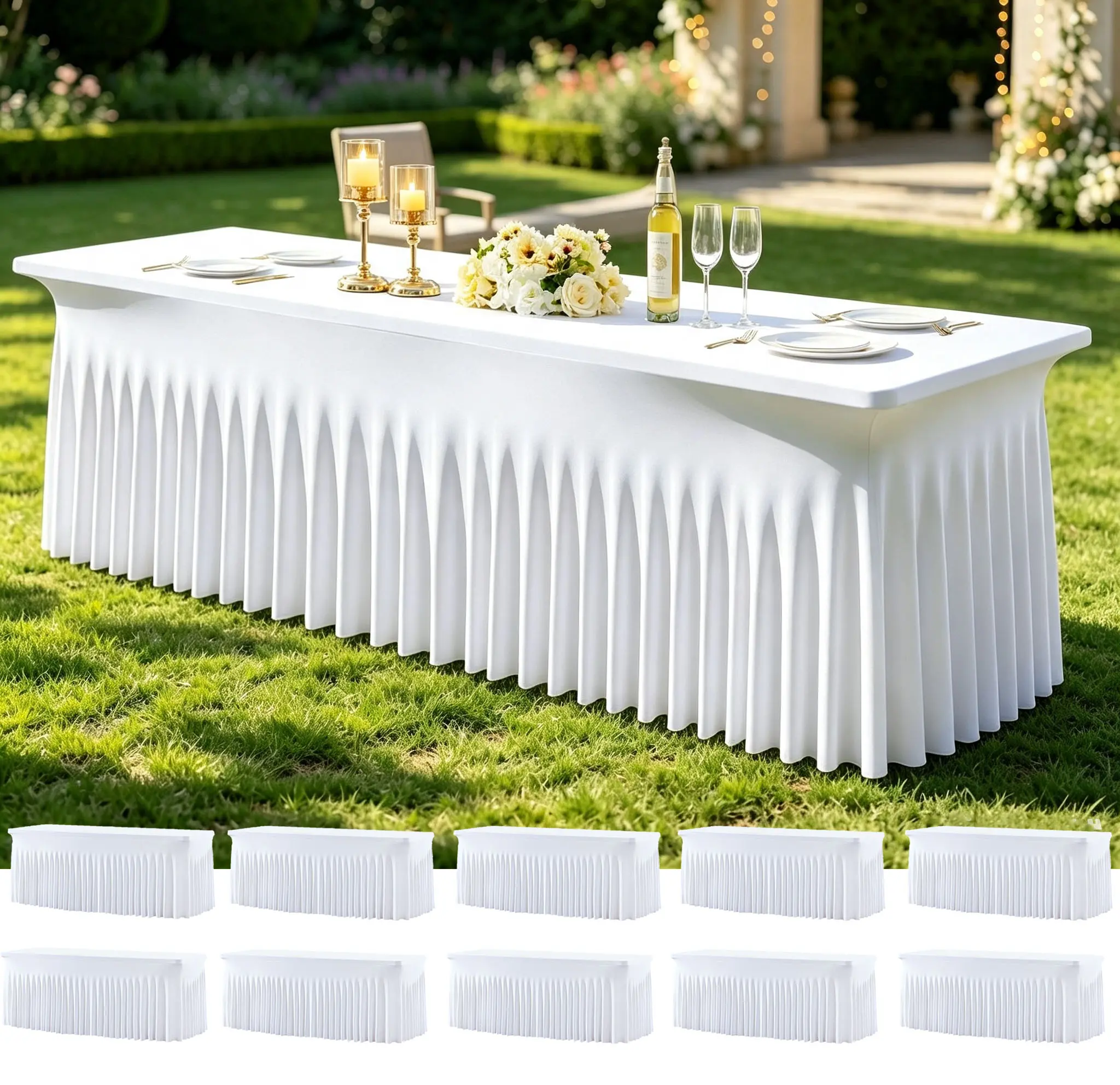 10 Pack Spandex Tablecloths for Rectangle Tables for 4/6/8FT Foot Rectangle Tables, Wrinkle Free Stretchy Fitted 8FT Table Cloths Cover Desk Skirt for Parties Weddings Birthday Banquet Baby Shower Events