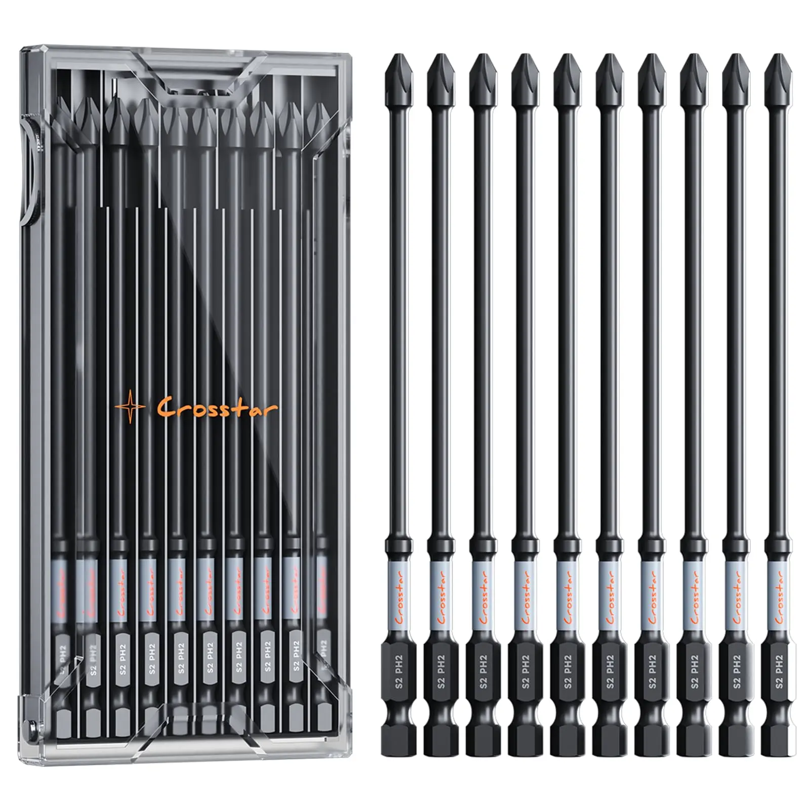 Crosstar 10-Pack 6-Inch #2 Phillips Magnetic Impact Bits - 10 Industrial-Grade S2 Steel Bits, CNC Precision Tips, Anti-Slip Manganese Phosphate Coating, 5,000+ RPM High Torque Drill Compatibility, Universal Fit M3.5-M5/#5-#10, Tackle Multiple Projects, 10