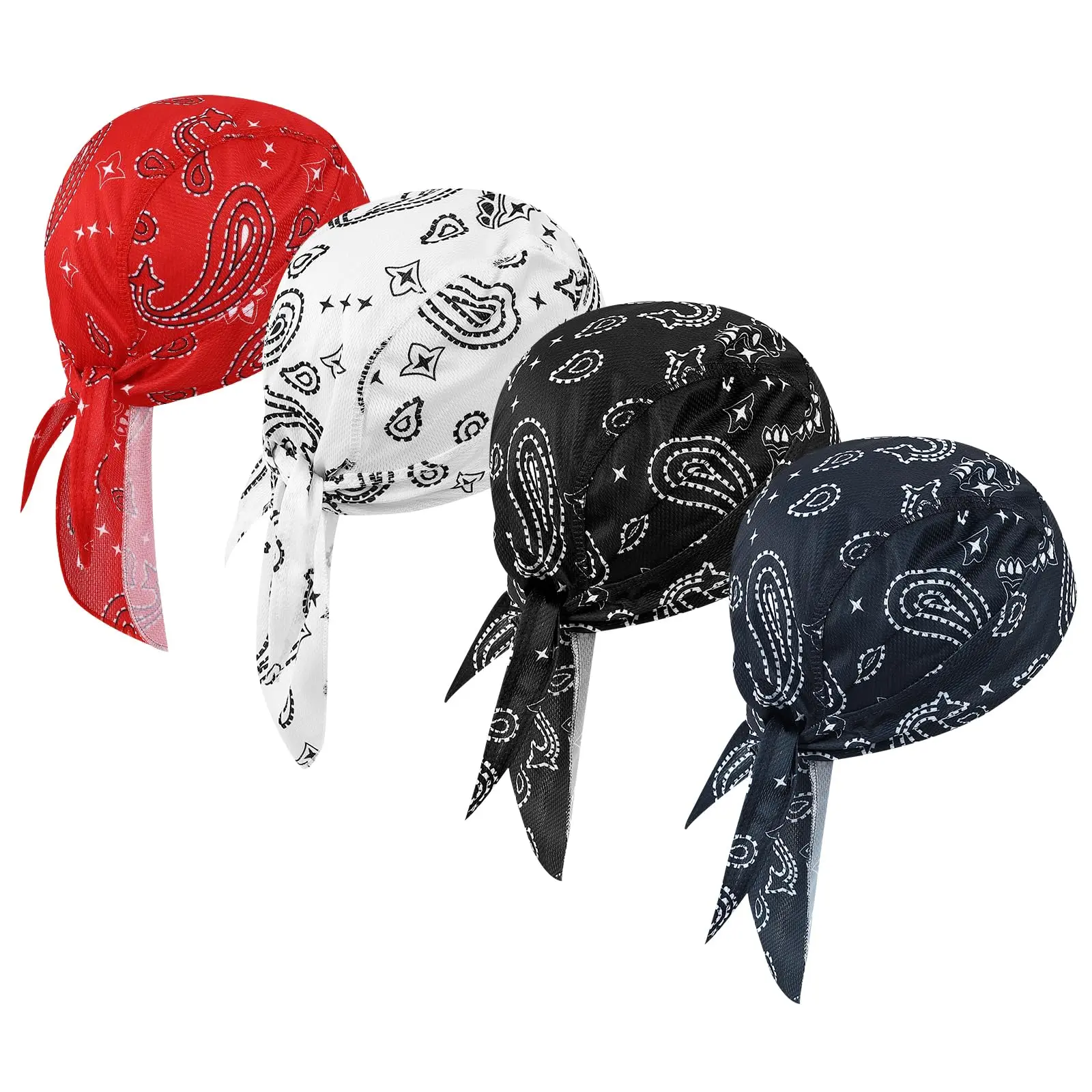 4 Pack Paisley Skull Caps for Men Women, Breathable Spandex Do Rag, Sweat Wicking Helmet Liner & Protective Headwear for Motorcycle & Cycling