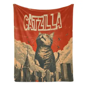 Godzilla Catzilla Retro Kaiju Cat Flannel Blanket Vintage Movie Poster Style Throw with Giant Cat Destroying City Design – Ultra-Soft, Cozy, and Perfect for Cat Lovers, Bedroom Decor, and Gifting, Ideal for Year-Round Snuggling.