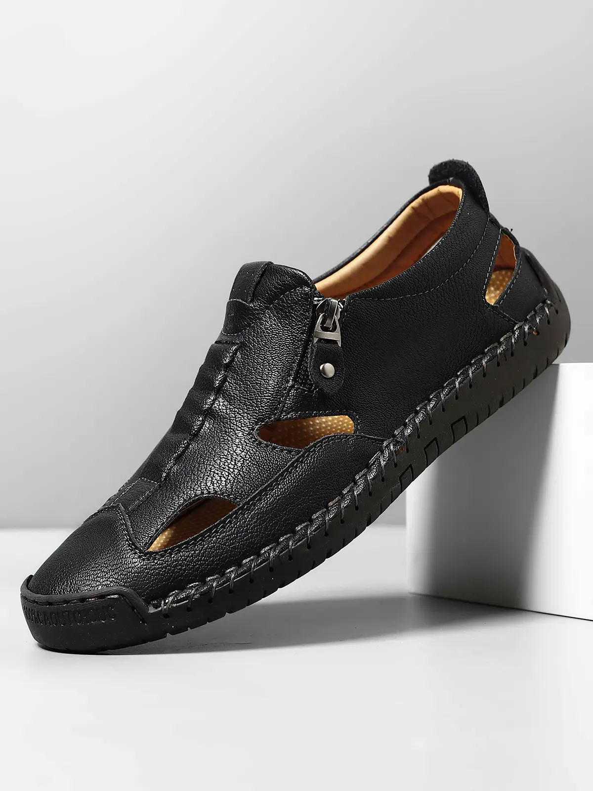 Men’s Closed-Toe Leather Sandals with Side Zipper - Handmade Non-Slip Outdoor Shoes, Breathable Cutout Footwear for Hiking, Camping & Casual Daily Wear, Durable Comfy Summer Footwear