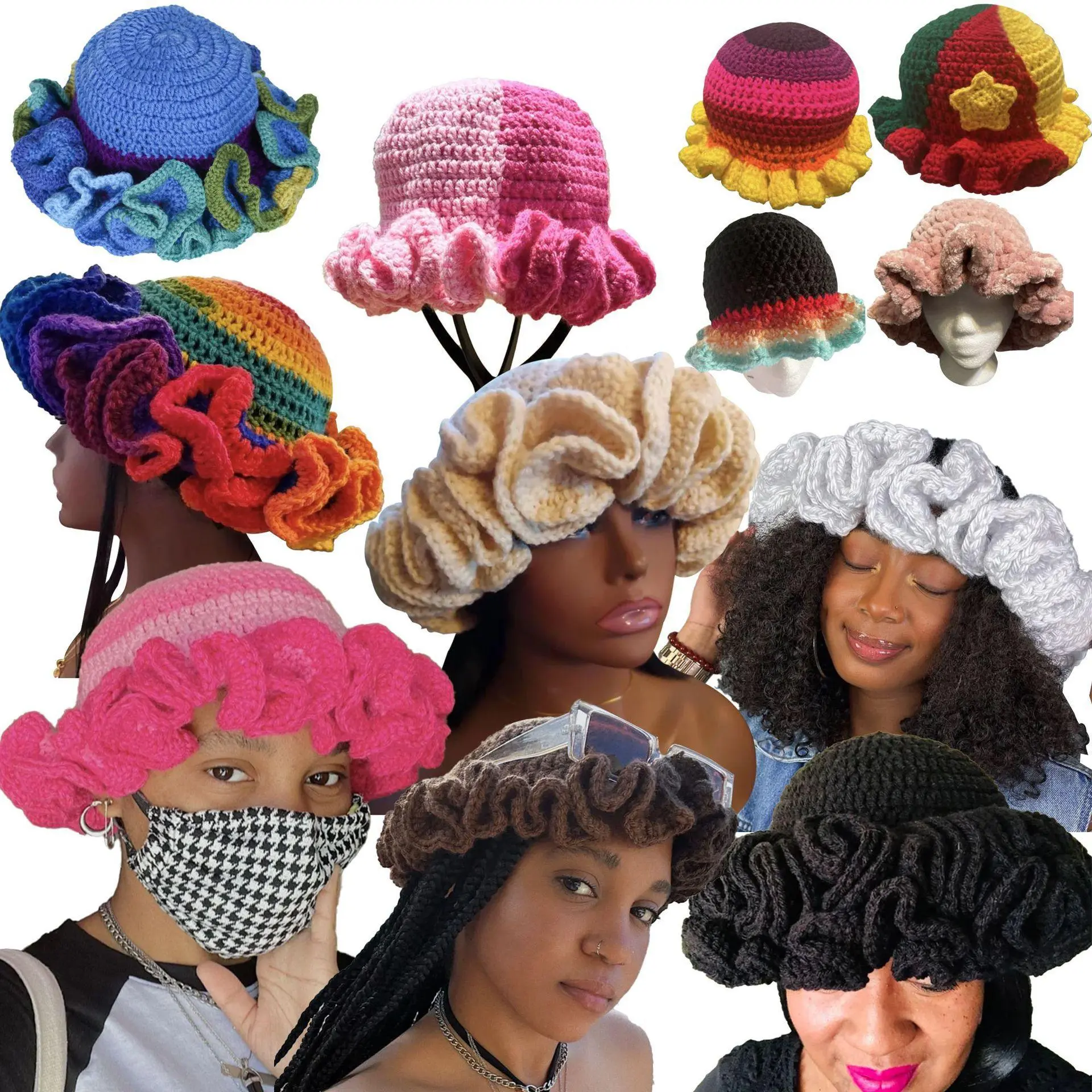 Women's New Hand-Crocheted Ruffle Bucket Hat - Multicolor Frill-Edged Yarn Cap, Fashion Wavy Brim Accessory for Daily Streetwear