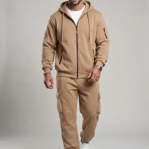 KZZ Men's 2-Piece Fleece-Lined Hoodie Sweatpants Set - Mens Activewear Sportswear Athletic Casual Sporty Set, Long Sleeve Hooded Top for Warmth, Loose Plain Multi-Pocket Embroidered Drawstring Ankle Cuffs Pants, Black, M
