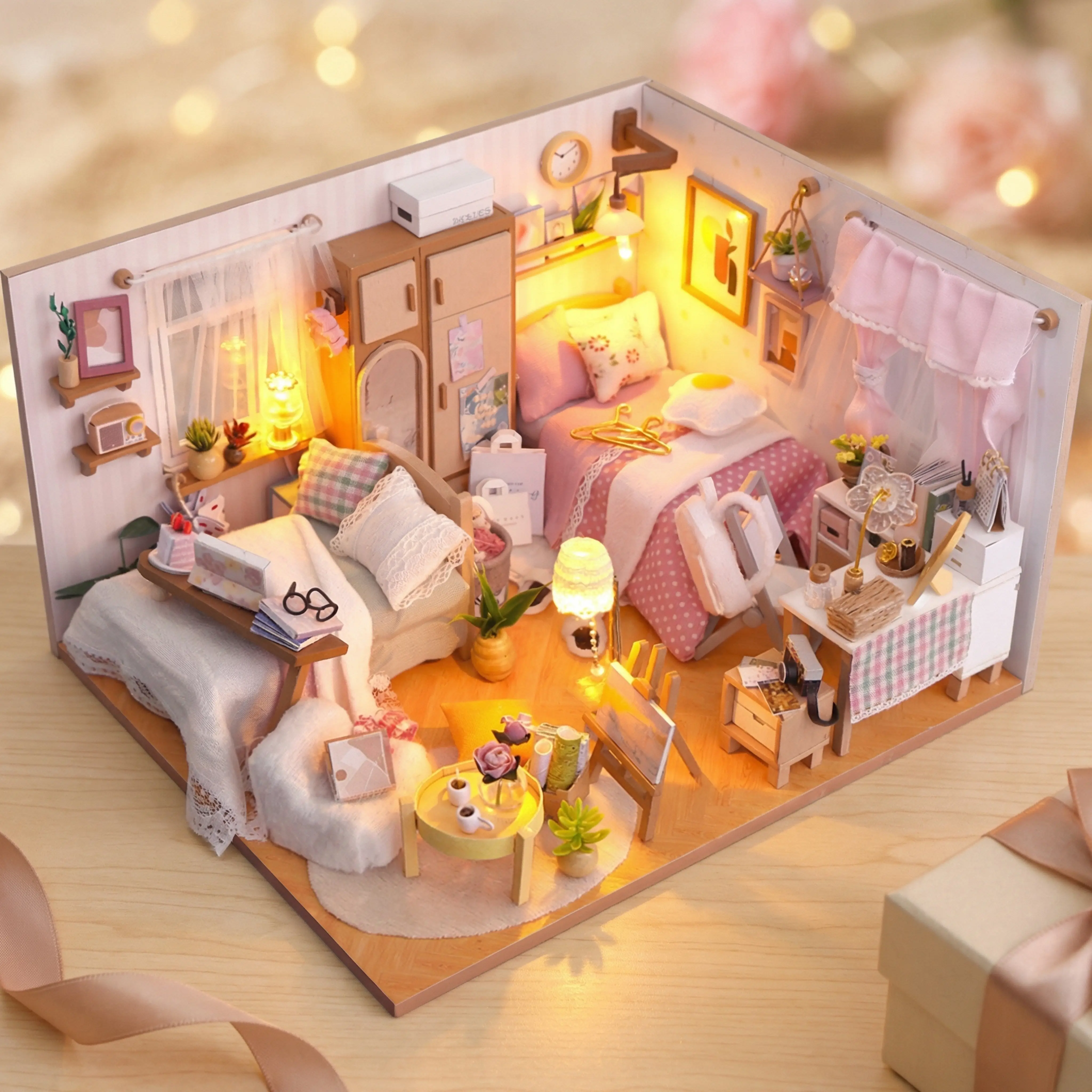 DIY 3D Miniature Wooden House Model Kit - Creative Building Set, Mini 3D Scene, Gift-Ready Hands-On Decoration, Sweet Birthday Craft Gift for Family (Mixed Colors, Batteries Not Included), Diy Building Model