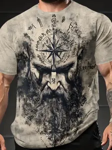 Men's Street Style Round Neck T-Shirt with Bold 3D Geometric Print, Casual Slim Fit, Urban Fashion Essential