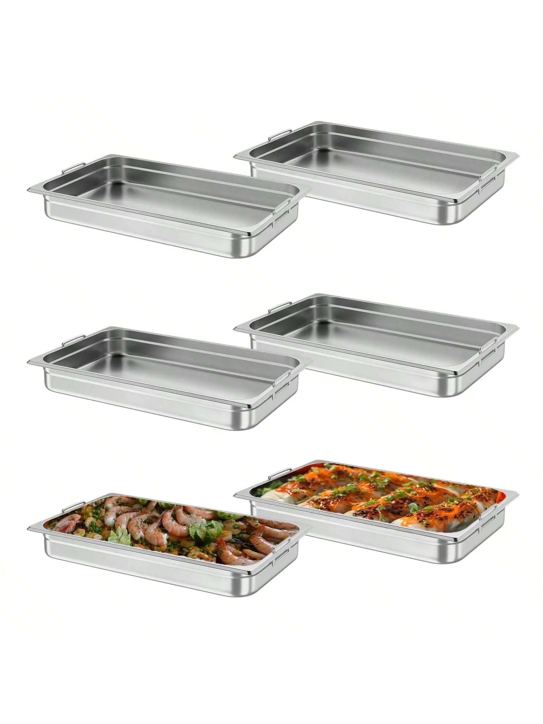 6 Pack Full Size Food Pans, 2.5 Inch Deep Commercial Catering Hotel Pan, NSF Certified, Stainless Steel Anti-Jamming Steam Table Pan,Handle + No Lid