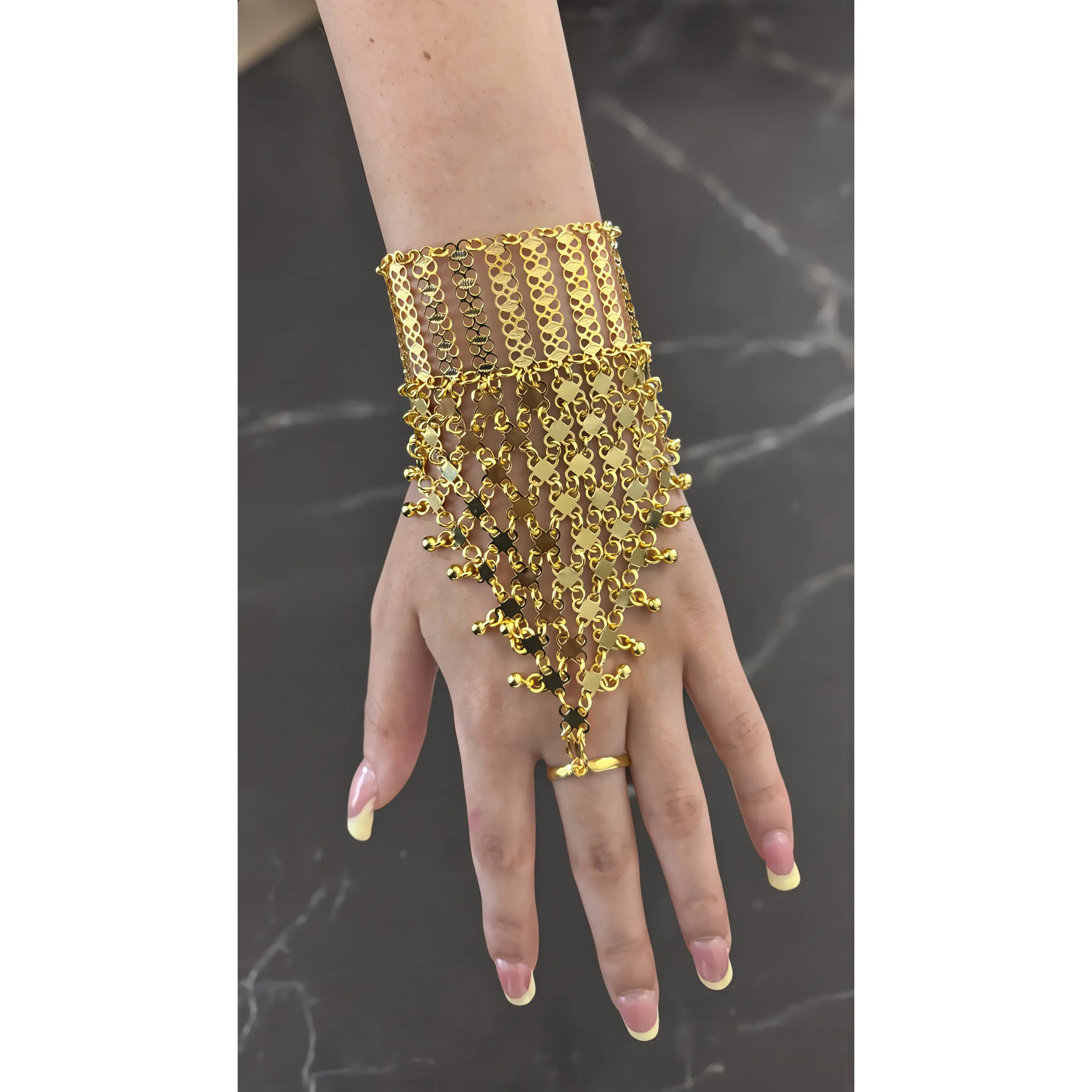 Gold Plated Hathphool Hand Chain Bracelet with Adjustable Ring | Ethnic Indian Pakistani Afghan Arabic Hand Jewelry 6075