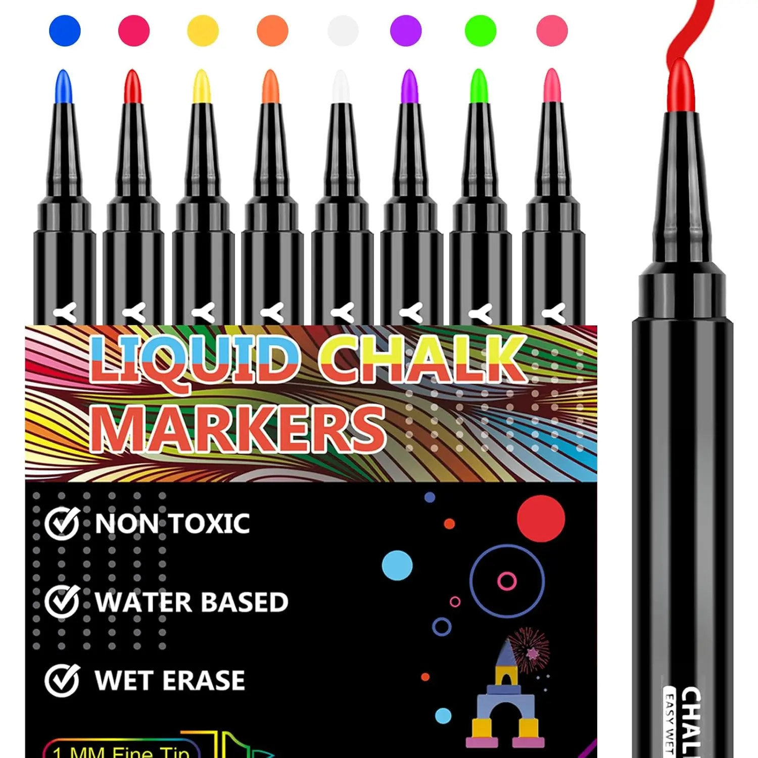 Colorful Marker Pen - Fine-Tip Wet Erase Chalk Markers, 8-Color Set for Chalkboard, Glass