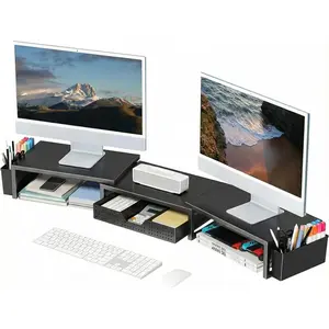 Desk Organizers and Accessories, Dual Monitor Stand Riser with Drawer and 2 Pen Holders, Desk Shelf Metal Computer Racks for Office Workspace Organizers, Desktop Organization (Black Metal)