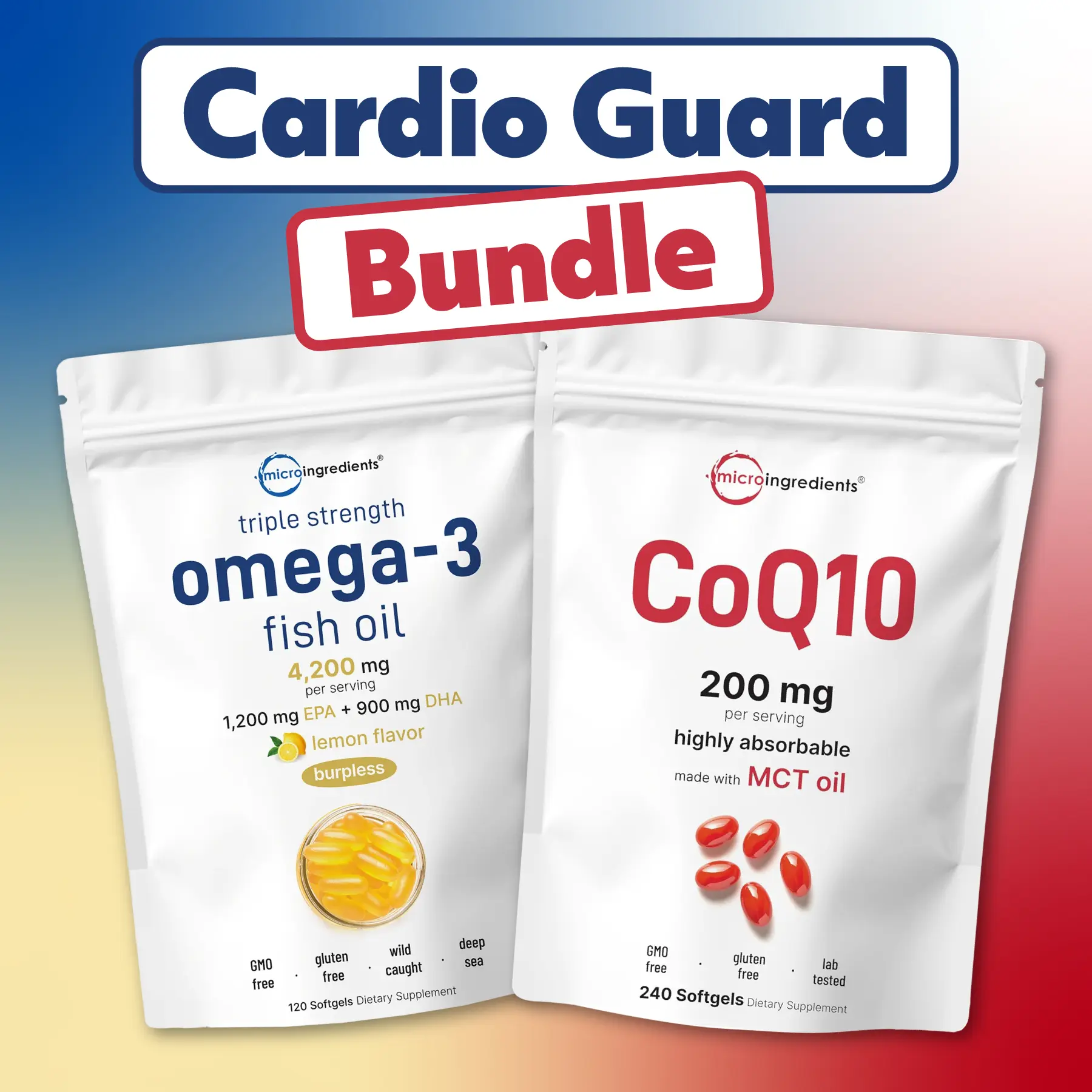 Micro Ingredients Cardio Guard Bundle: Omega 3 Fish Oil 4200mg 120 Softgels + CoQ10 200mg with MCT oil 240 softgels
