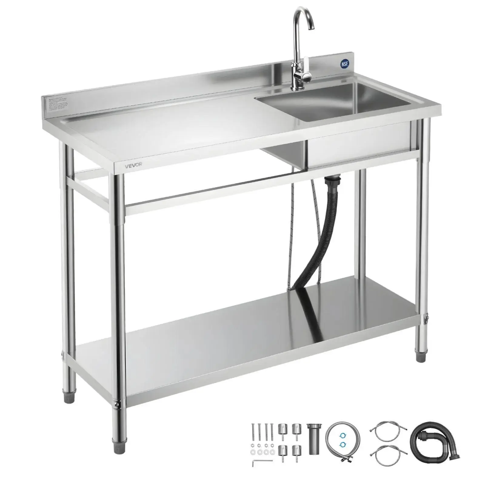 【SummerFinds】VEVOR Stainless Steel Utility Sink, Free Standing Single Bowl Commercial Kitchen Sink with Faucet, Utility Left Basin Workbench with Hot & Cold Water Pipe for Garage Restaurant Laundry, 47x19.7x37 in