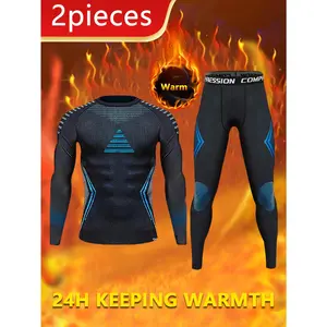 2pcs Autumn/Winter Men's Thermal Shapewear Set, Outdoor Skiing Warm Tight Pants and Long-Sleeve Top with Fuzzy Lining for Skating, Gymming Running Yoga & Sports