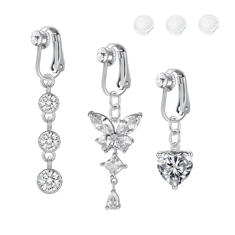 EWOPT Women's 3PCS Clip-On Belly Button Rings Set - No Piercing Fake Navel Jewelry, CZ Heart & Butterfly Dangles, Lightweight Reusable for Festivals, Body Jewelry, Fake Piercings, Dangle Piercing Jewelry