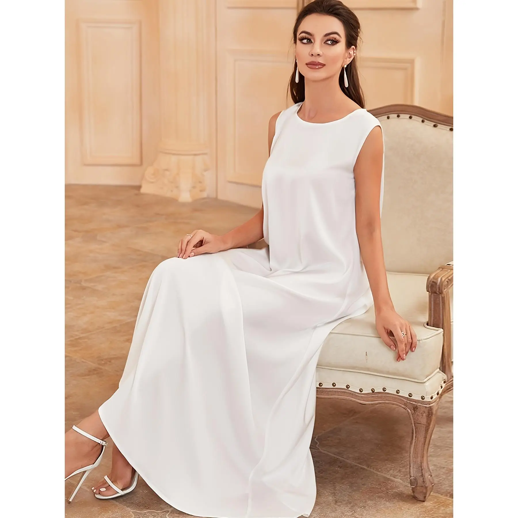 Sleeveless Solid Color Polyester Abaya Dress for Women - Long Length Woven without Belt - for All Seasons