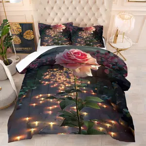 Romantic Candlelight Rose Bedding Set, Soft Comfort Queen Size Quilt & Pillowcases, Ideal Gift for Couples, Enhances Sleep Quality