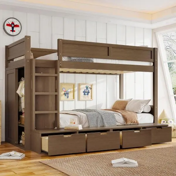 Bellemave Twin-over-Twin Solid Wood Bunk Bed - 4 Storage Drawers, Built-in Wardrobe, Full-Length Guardrails, No Box Spring Needed