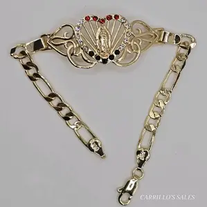 VIRGIN MARY cute heart bracelet three colors stones gold-plated 7"inches figaro style
