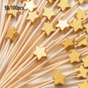 50/100pcs Glitter Gold Cocktail Picks, Faux Pearl Food Picks, Creative Art Toothpicks, Appetizer Picks, Fruit Picks, Bamboo Picks