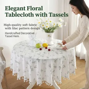 French Style Round Tablecloth, Cream Floral Design, Handmade Fringe Edge, Ideal for Tea Parties, Outdoor Decor, Mother's Day Gift