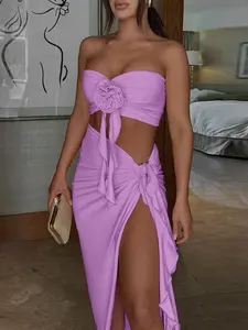 Women's Stereo Floral Decor Crop Tube Top & Knot Split Thigh Skirt Set, Chic Sleeveless Top & Bodycon Maxi Skirt, Ladies Summer Clothes for Party Club Beach Vacation
