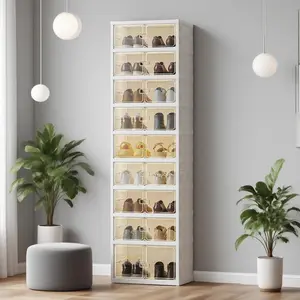 UFORU Foldable Shoe Rack with Wheels,Shoe Organizer with Magnetic Clear Doors,9 Tier Holds 18 Pairs,Minimal Boxes,Large Sturdy Stackable Plastic Shoe Storage Cabinet,Space Saving,Non-Installation Assembly, Convenient