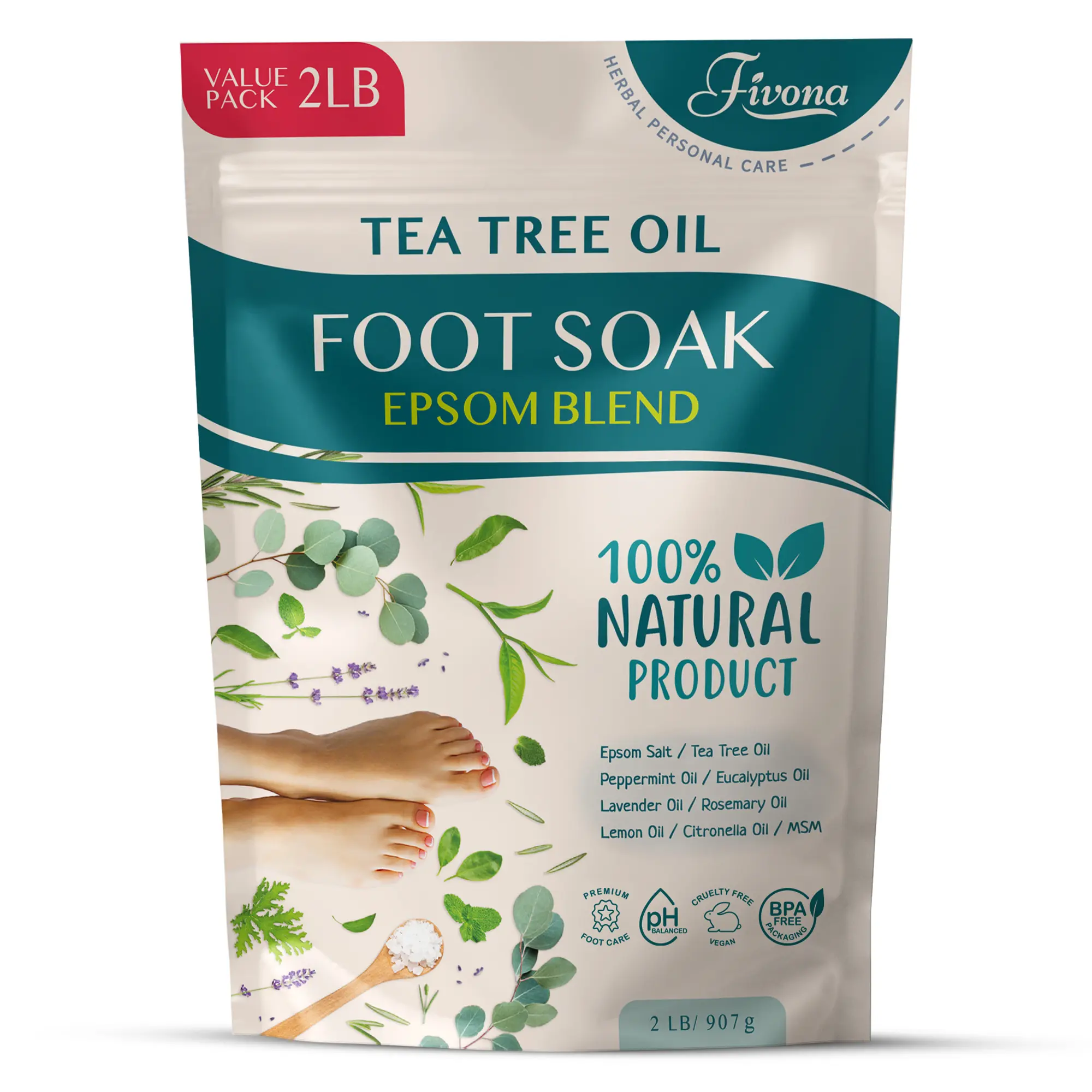 Fivona Tea Tree Foot Soak Blend 2LB - Epsom Salt and Natural Oils for Gentle Foot Spa, Healthy Toenails, Soothing Relief, Callus Softening - Pedicure Therapy for Soft, Rejuvenated Feet - Relaxing Foot Soaking