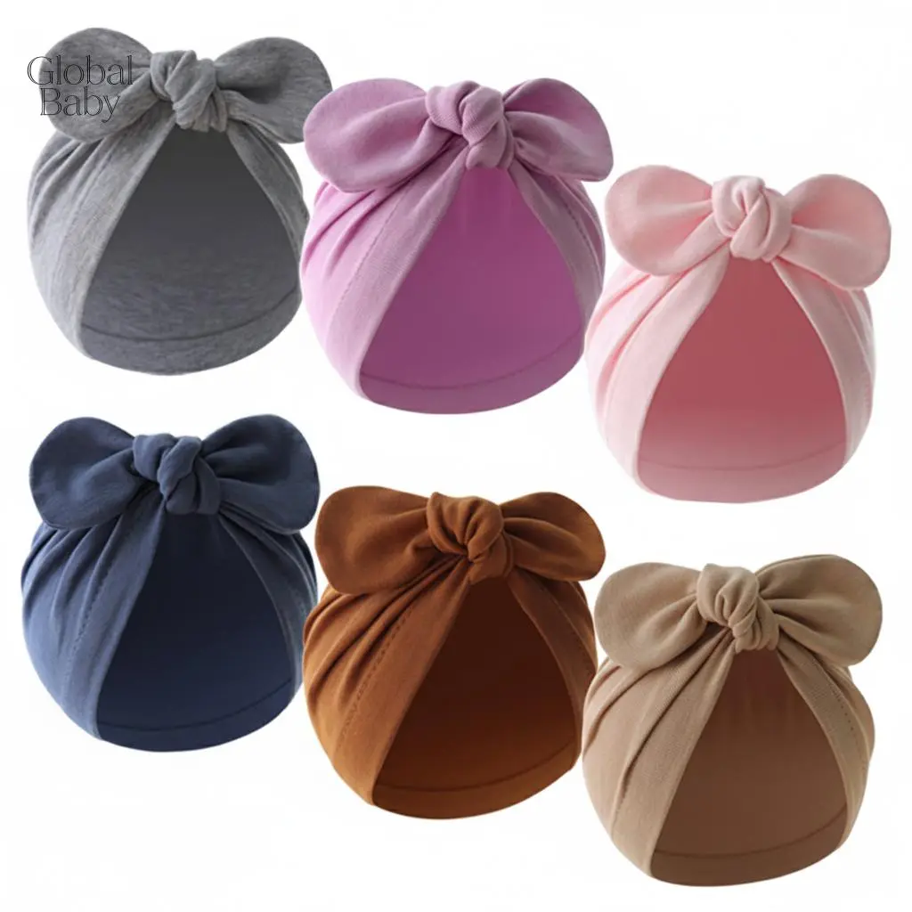Global Baby Girls Turban Hat, Beanie Hat for Baby Muslin Turban Hat Warm Newborn Photo Props Soft Elastic Cute Knotted Bow Hat Nursery Beanie Cap for Infant