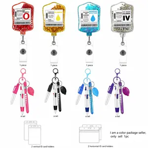 Loose glitter powder shaker badge with snap fastener, IV bag design, includes transparent card holder, retractable badge reel with metal clip, badge reel set—office supplies, medical worker accessories, ID micro badge cards, ballpoint pen, marker pen, ELD