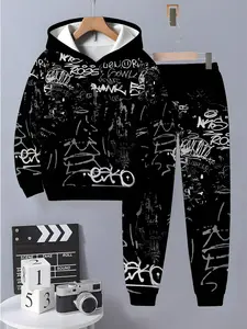 Boys' Fun Printed Hoodie and Sweatpants Set, Comfortable Casual Wear, Soft and Cozy, 3D Fashion Kids, Long Sleeve Top + Pants, Hoodies