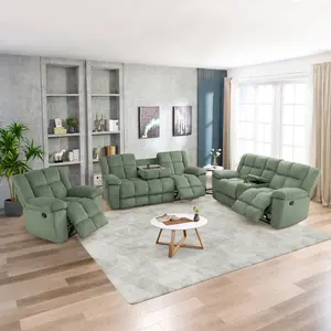 Manual Reclining Couch Sofa Set with Drop-Down Table, 3 Pieces Brown Corduroy Recliner Couch Sets, Living Room Furniture Sets, Recliner Sofa with Storage Console/Cup Holder for Home/Apartment