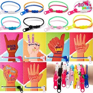 30 Packs Valentine's Day Zipper Bracelets with Cards, Friendship Zipper Bracelets Toys Stress Relief Toys for Kids Valentine's Classroom Gift Exchange Prizes, Valentine's Party Favors