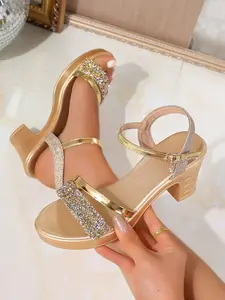 Women's Water Drill Fashionable Rhinestone Sandals Summer New Fashion Casual Mid-Heel Chunky Heels, Versatile PU Material, Less Than Ankle Height, Glitter Decorated Sandals Footwear Sandal