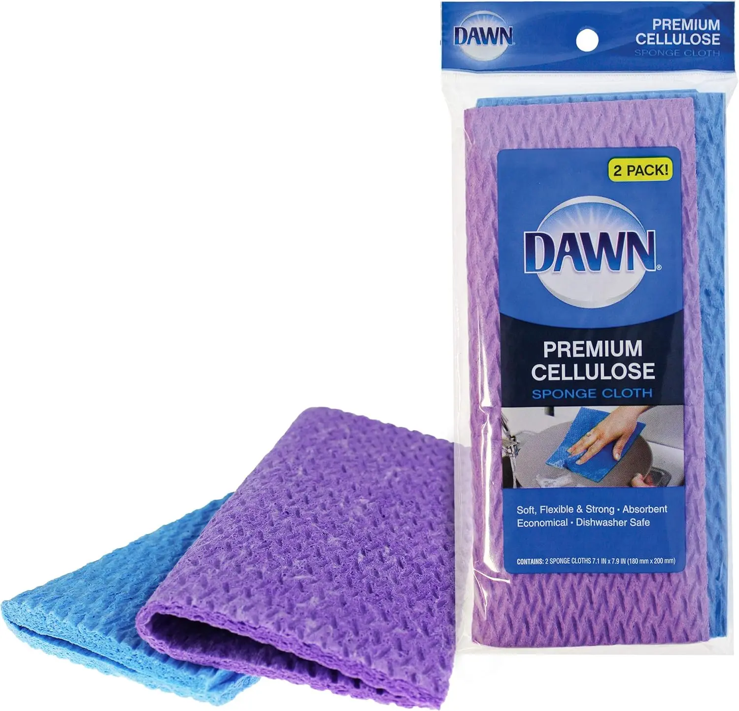 Dawn Premium Cellulose Sponge Cloth 2-Pack, Soft, Flexible, Strong, Absorbent 7.1x7.9 in Dishwasher-Safe Cleaning Cloths for Kitchen, Bathroom