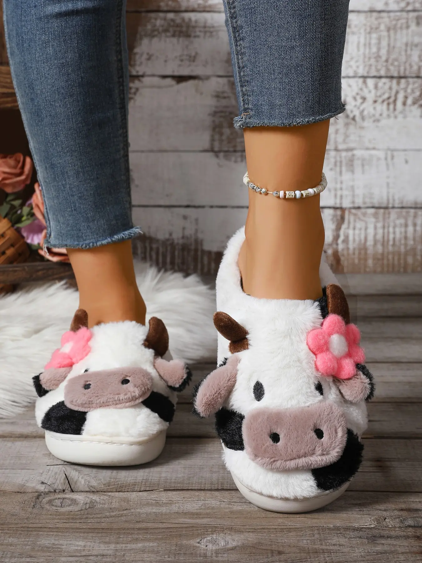 Women's Autumn Winter Fashion Home Slippers, Cute Cartoon Cow Design Plush Soft Slippers, Lightweight Comfortable Non-Slip Outdoor Slippers, Indoor Warm Slippers, Indoor Shoes
