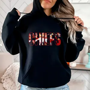 Women's Cotton Knit Hoodie - 'CHIEFS' Football Game English Print, Black, Breathable, Slightly Stretchy, with Front Pocket