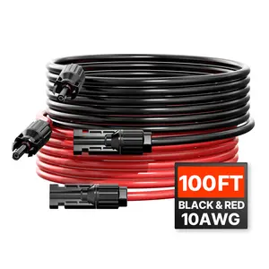 VEVOR 100FT Solar Panel Extension Cable,  10AWG Solar Extension Cable Wire with Female & Male Waterproof Connectors, 6mm² PV Cable for Home, Ship and RV Solar Panels, 100FT Black + 100FT Red (Set of 2)
