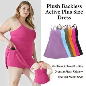 Women's Plus-Size 2-Piece Fitted Plush Sleeveless Athletic Dress Set - Backless Spaghetti-Strap Mini Dress with Pocketed Shorts, Women's Clothes for Summer Casual Outdoor Sports
