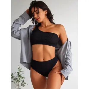 Black Textured One-Shoulder High Waisted Bikini Set – Tummy Control Two Piece Swimsuit