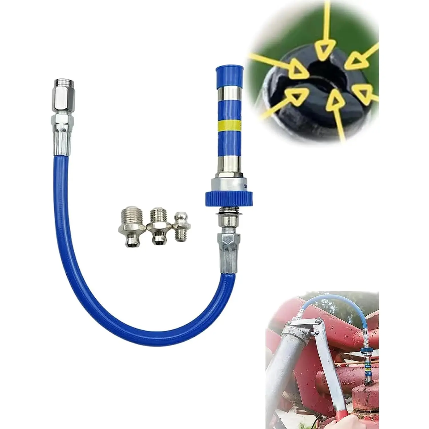 Flexible Grease Gun Extension Hose Kit with 3 Multi-Size Grease Fittings, High Pressure Bendable Grease Tube Adapter for Car Truck ATV Farm Machinery Lubrication