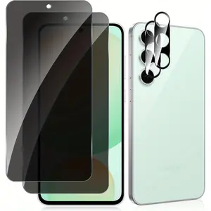 [2+2 Pack] Galaxy S24 FE Smartphone Privacy Screen Protector, 2 Pack Privacy Tempered Glass Film and 2 Pack Camera Lens Protector, Anti-Spy, Anti-Fingerprint, High Clarity, Bubble Free Protection for Samsung Galaxy S26/S26 Plus/...