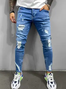 SRETOUU Men’s Fashion distressed ripped stretch slim fit denim jeans high street menswear solid color casual long pants