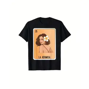 Men's & Women's 100% Cotton T-Shirt - Mexican Loteria Card Print ( Catrina/ Calavera) - Black & White Casual Crew Neck Tee with Spanish Text - Soft Round Neck Top for Halloween, Christmas, Birthday Gifts