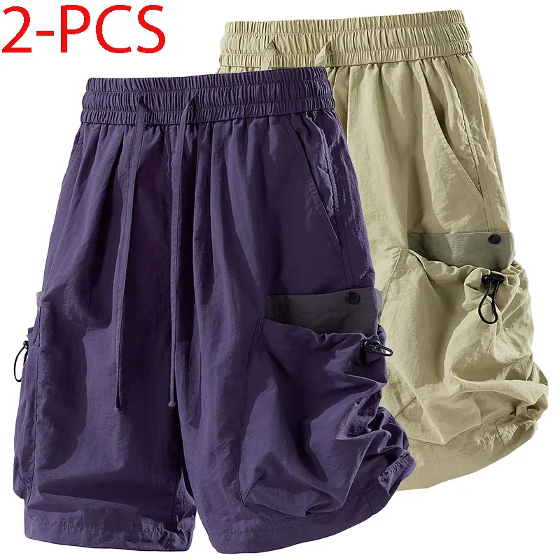 Summer cooling solid-color cargo shorts with drawstring elastic waistband and multiple pockets; American high-street casual loose mid-length shorts; quick-drying; suitable for outdoor sports and everyday wear; unisex #SummerWins